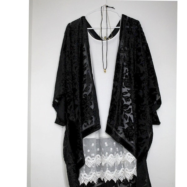 Black Burnout Velvet Kimono with Rose and Leaf