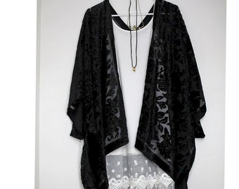 Black Burnout Velvet Kimono with Rose and Leaf