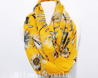 Floral Infinity Scarf, Golden Yellow, Fall Color, Autumn Scarf, Gifts for Her, Women Scarves, Gifts For Mother, Handmade Accessories