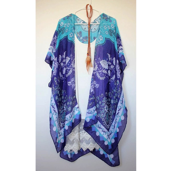 Kimono, Turquoise Swirl Paisley Boho Women Kimono Cardigan, robe,  bohemian, resort style, Bikini Cover