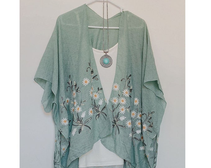 Kimono, Frühlings-Gänseblümchen-Kimono, bestickt mit floralem Frühlings-Sommer-Cover-Up