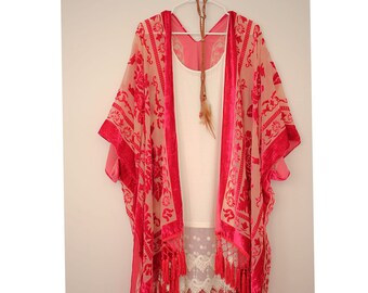 Red Kimono Velvet Burnout Bohemian Kimono Cardigan Summer Fall Elegant Outfit Wedding Party