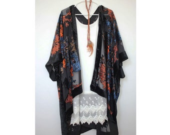 Velvet Burnout Kimono with Black Floral