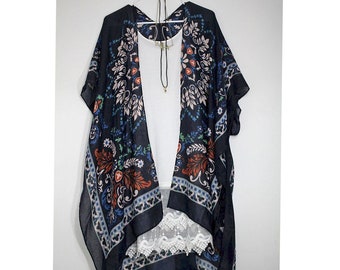 Boho Kimono Leichter Swim Cover Up Duster Mintgrün Brush Stroke Print mit Quasten