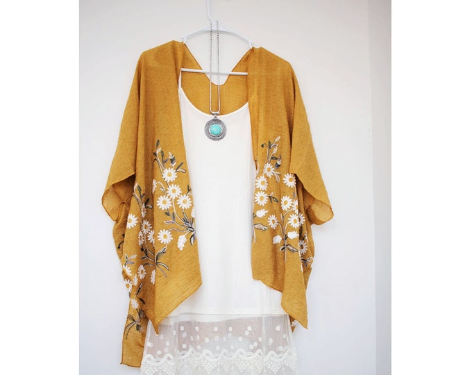 Spring Daisy Kimono Embroidered Floral Spring Summer Cover Up