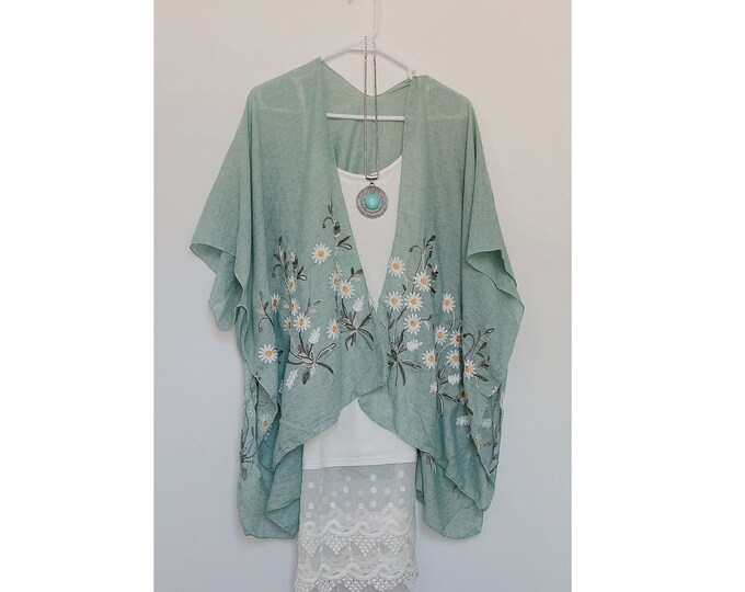 Kimono, Mint Green Spring Daisy Kimono Embroidered Floral Spring Summer Cover Up