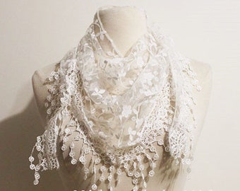 Lace Scarf, white Scarf Shawl, Bridesmaid Scarf, Wedding Scarf, Bridal Accessories, Bridesmaids Gifts, Accessories Gift, For Women, autumn