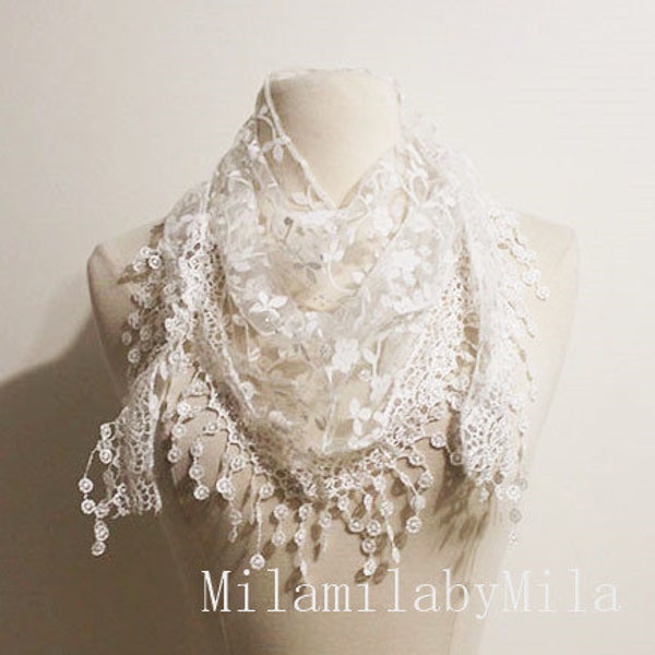 Lace Scarf, white Scarf Shawl, Bridesmaid Scarf, Wedding Scarf, Bridal Accessories, Bridesmaids Gifts, Accessories Gift, For Women, autumn