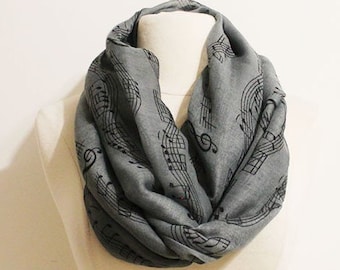 Gray Music Infinity Scarf, Piano Infinity Scarf, Music Sheet Scarf, Music Note Scarf, Music Teacher Gift, Music Gift, Piano Shawl