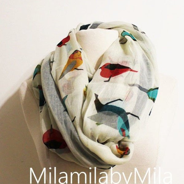 Bird Infinity Scarf, Bird Print Scarf, Beige Bird Scarf, Colorful Robins, Bird Pattern Shawl, Animal Print Scarf, Gift for Her