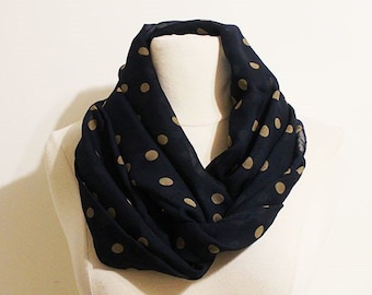 Polka Dot Infinity Scarf, Navy Blue Polka Dot Scarf, Navy Scarf, Scarf for her, chiffon scarf, Fashion scarf, gift for mom, gift for her