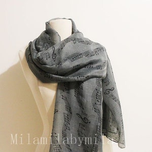 Gray Music Infinity Scarf, Piano Infinity Scarf, Music Sheet Scarf, Music Note Scarf, Music Teacher Gift, Music Gift, Piano Shawl image 3