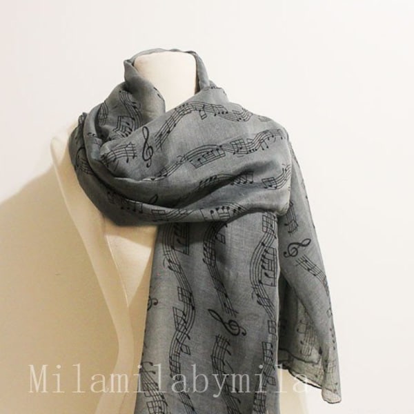 Gray Music Scarf, Piano Infinity Scarf, Music Sheet Scarf, Music Note Scarf, Music Teacher Gift, Music Gift, Piano Shawl