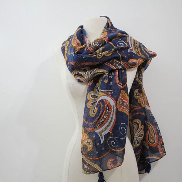 Paisley Scarf for Women Lightweight Navy Paisley Print Fashion for Spring Fall Winter Scarves Shawl Wrap