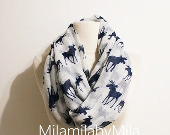 Moose Infinity Scarf, White Blue, woodland animal, Autumn Scarf, Gifts for Her, Women Scarves, Gifts For Mother, Handmade Accessories