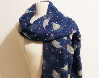 Bird Scarf, Bird Print Scarf, Tree Bird Scarf, Navy Blue Scarf,Autumn Scarf,Gifts For Her,Women Scarf,Printed Scarf,Gifts For Women