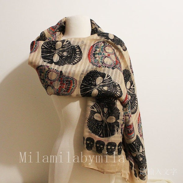 Skull Scarf, Halloween Scarf, Day of the Dead Scarf, Sugar Skull Scarf, Women Fashion Accessories, Holidays Christmas Gift, For Her