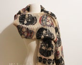 Skull Scarf, Halloween Scarf, Day of the Dead Scarf, Sugar Skull Scarf, Women Fashion Accessories, Holidays Christmas Gift, For Her