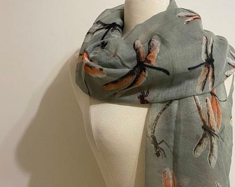 Dragonfly Scarf, Dragonfly Print Scarf, Gray Scarf, Autumn Scarf,Gifts For Her,Women Scarf,Gifts For Women