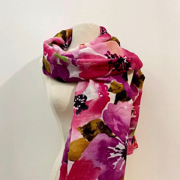 Scarf Shawl Wrap, Watercolor floral Print Magenta Pink Large Scarf Fall Autumn Winter Accessories
