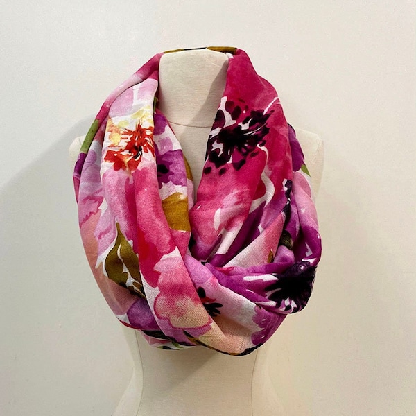 Infinity Scarf Shawl Wrap, Watercolor floral Print Magenta Pink Large Scarf Fall Autumn Winter Accessories