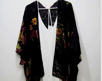Black Burnout Velvet Kimono with Floral and Leaf
