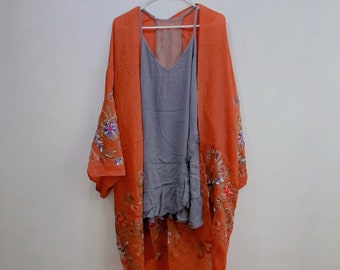 Rust Embroidered Kimono with Sleeves