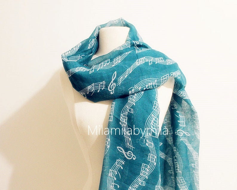 Gray Music Infinity Scarf, Piano Infinity Scarf, Music Sheet Scarf, Music Note Scarf, Music Teacher Gift, Music Gift, Piano Shawl Teal green