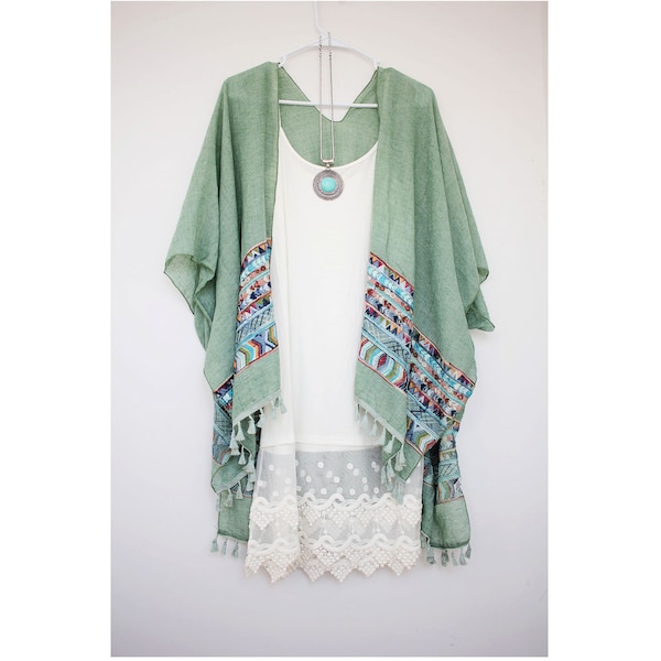 Kimono, bohemian kimono, embroidery sage green boho, music festival outfit, cardigan,boho kimono,beach kimono,shrug,cover up,dress kimono