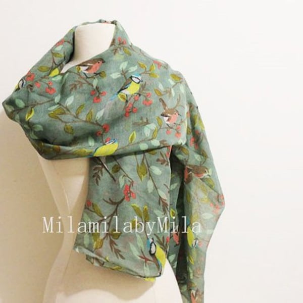 Bird Scarf, Bird Print Scarf, Tree Bird Scarf,Spring Summer Scarf,Autumn Scarf,Gifts For Her,Women Scarf,Printed Scarf,Gifts For Women