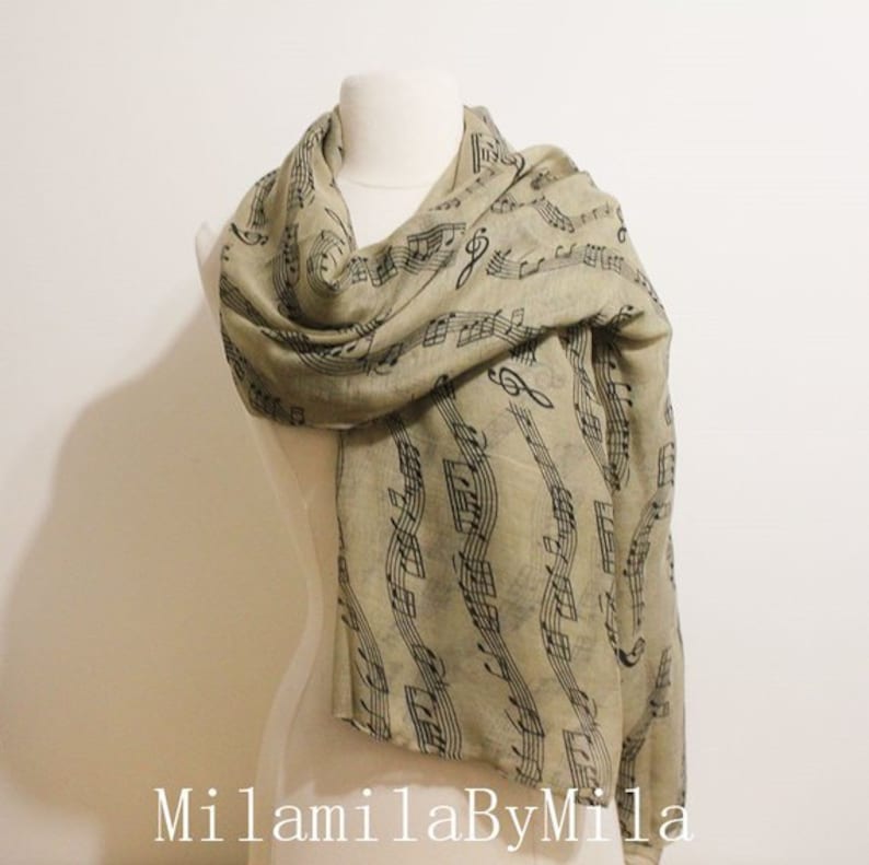 Gray Music Infinity Scarf, Piano Infinity Scarf, Music Sheet Scarf, Music Note Scarf, Music Teacher Gift, Music Gift, Piano Shawl Taupe brown