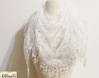 Lace Scarf, white Scarf Shawl, Bridesmaid Scarf, Wedding Scarf, Bridal Accessories, Bridesmaids Gifts, Accessories Gift, For Women, autumn