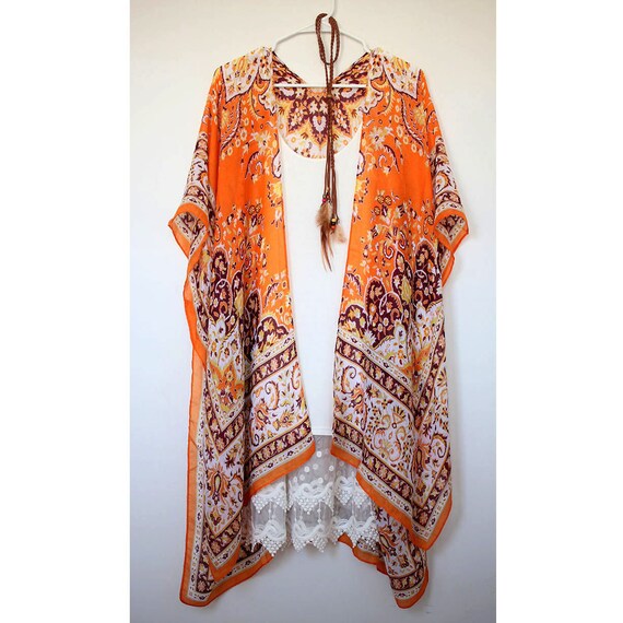 Kimono Orange Paisley Mandala Women Kimono Cardigan Robe Bohemian Resort Style Bikini Cover Etsy Canada