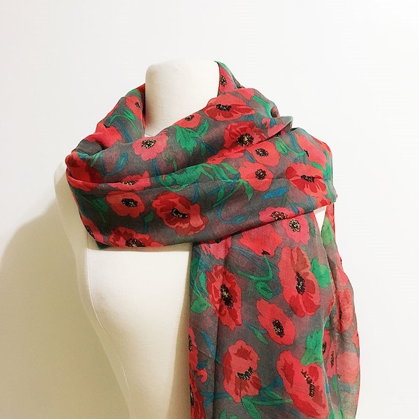 Poppy Flower Scarf, Floral Scarf, Red Flower Scarf, Autumn Scarf, Poppy Flower Lover Gift, Cover Up,Gifts For Her,Christmas Present
