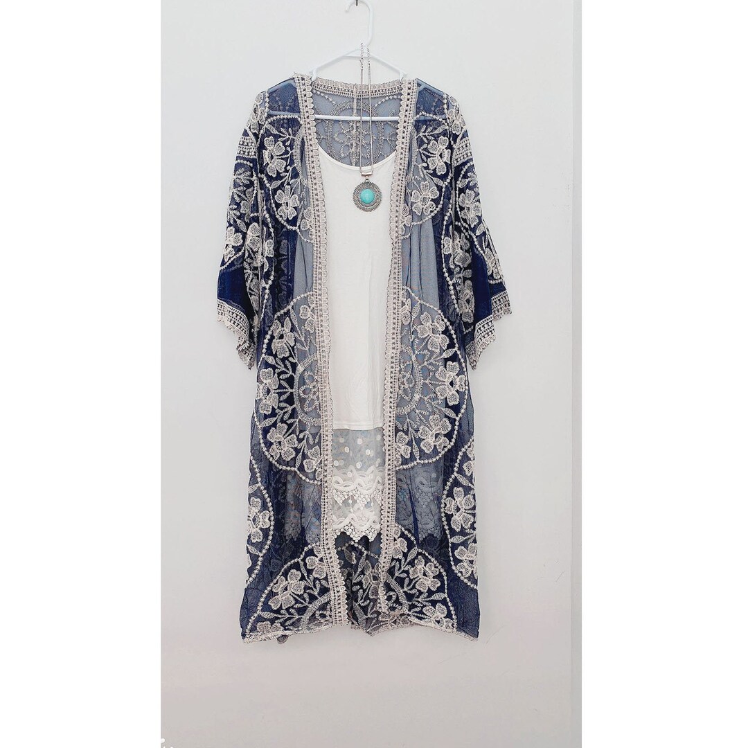 Navy Blue Lace Kimono Etsy