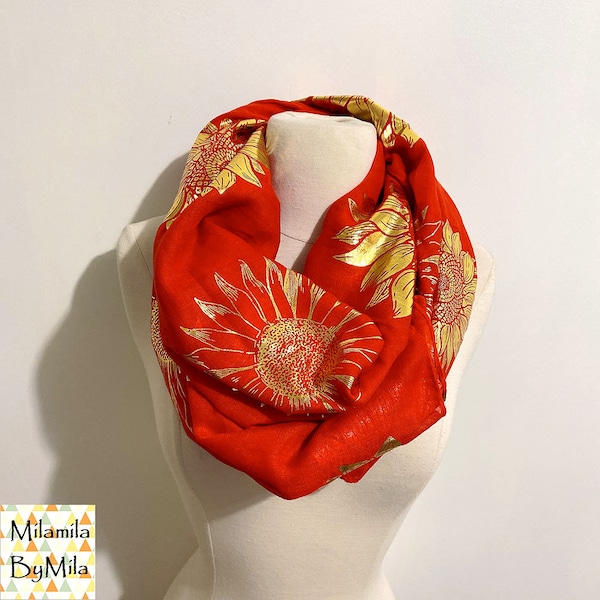 Big Sunflower Red Gold Foil Scarf, Infinity Scarf, Soft Scarf, Gift for Her,Solid Color Scarf,Winter Scarf,Fall Scarf,Wedding Shawl