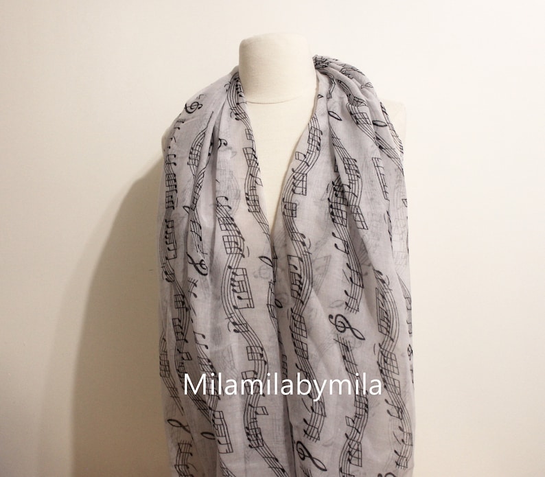 Gray Music Infinity Scarf, Piano Infinity Scarf, Music Sheet Scarf, Music Note Scarf, Music Teacher Gift, Music Gift, Piano Shawl White