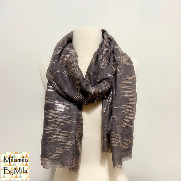 Silver Foil Gray Scarf, Fringe Scarf, Metallic Print Scarf, Geometric Scarf, Aztec Scarf, Gift for her, Women Gifts, Scarf, Gift Ideas