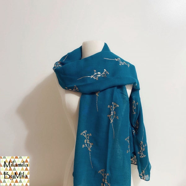 Teal Green Scarf with Gold Foiled Tree Patterns