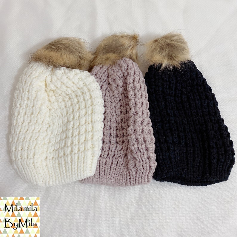 Black Hat with Faux Fur Pom Pom Ball