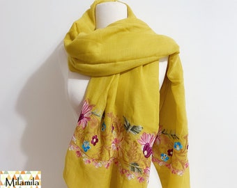 yellow embroidery scarf, floral cotton scarf, three-dimensional embroidery scarf, cotton scarf, shawl, women decorative accessories