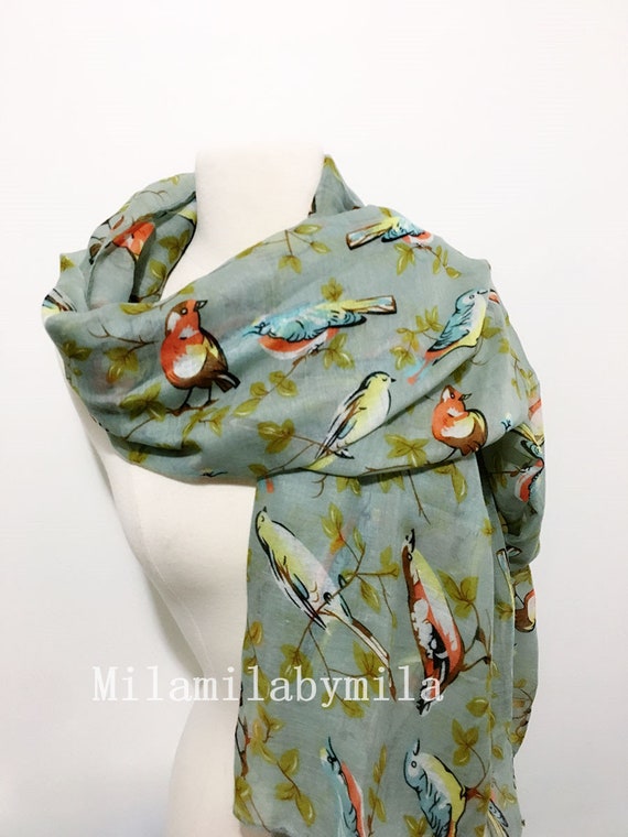 Tree Bird Scarf,Spring Summer Scarf,Autumn Scarf,Gifts For Her,Women Scarf,Printed Scarf,Gifts For Women Bird Print Scarf Red Bird Scarf
