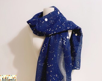 Galaxy Gold Foil Scarf, Moon and Stars Print scarf, gold foiled scarf, fashion scarf, ladies scarves, womens scarves