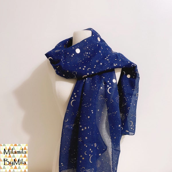 Galaxy Gold Foil Scarf, Moon and Stars Print scarf, gold foiled scarf, fashion scarf, ladies scarves, womens scarves