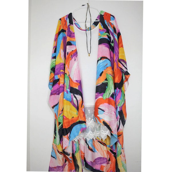 Ulu Breadfruit Hawaiian Print Kimono Chiffon Cover Up - Pink and Taupe main image 0