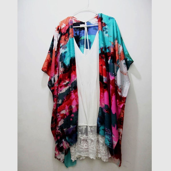 Kimono, Watercolor Black Teal Magenta Boho Women Kimono Cardigan for her