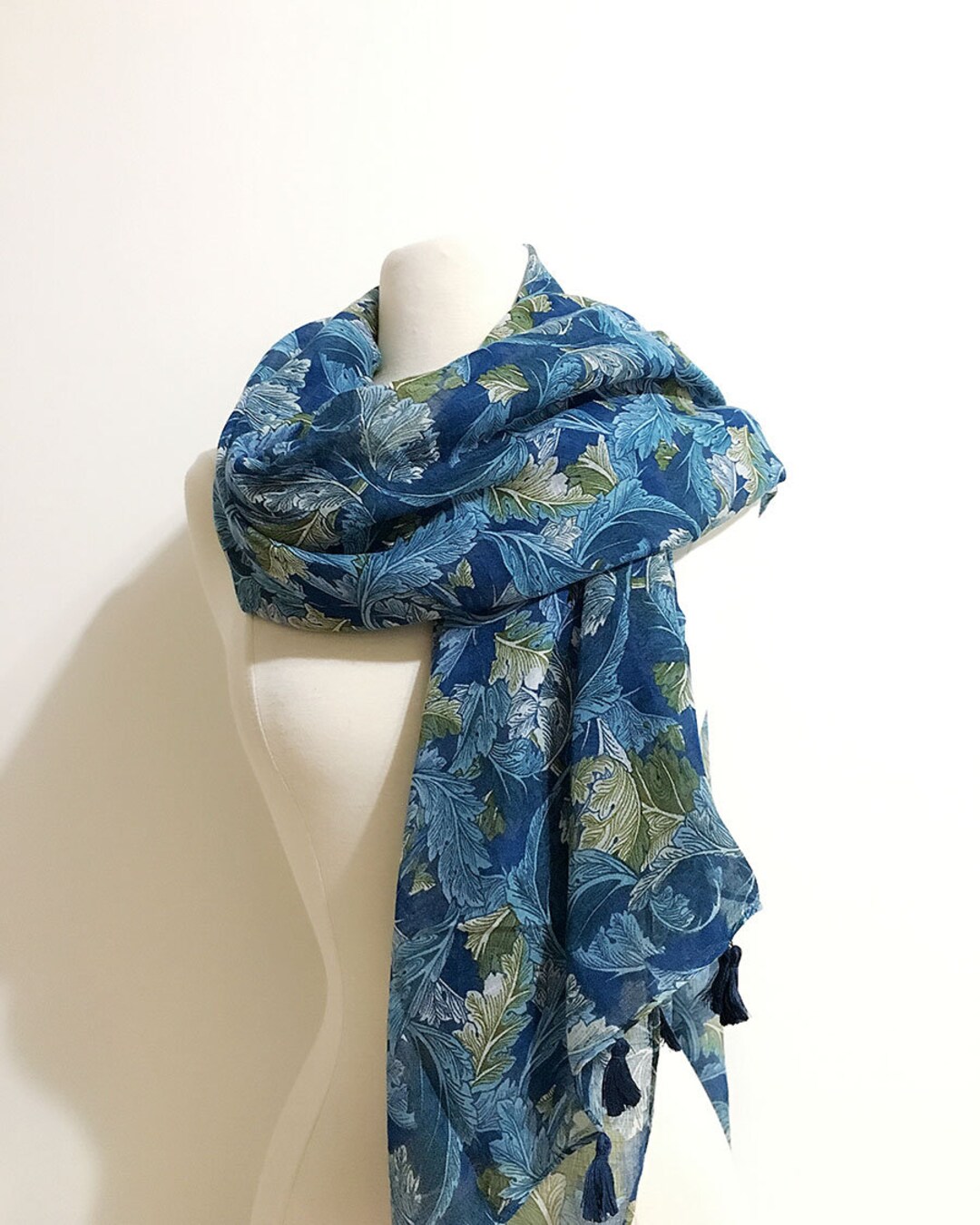 Leaf Scarf, Blue Green Scarf, Seasonal Scarf, Boho Scarf, Tassel Scarf, Gift for Her, Fashion