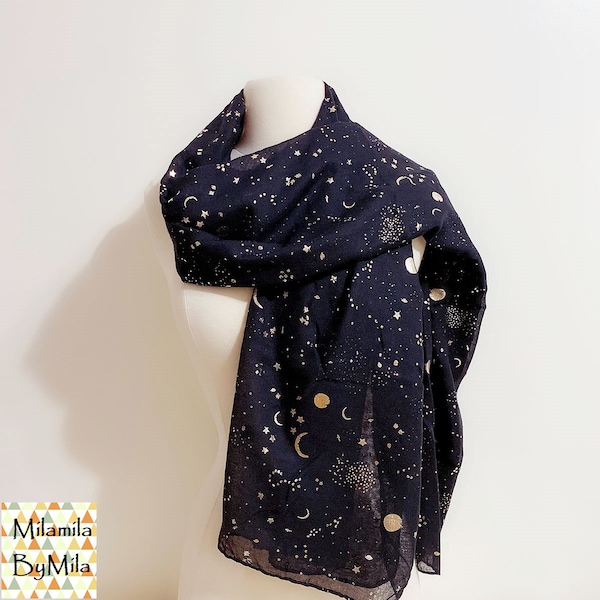 Galaxy Gold Foil Scarf, Moon and Stars Print scarf, gold foiled scarf, fashion scarf, ladies scarves, womens scarves