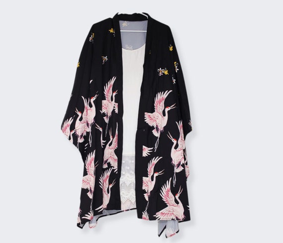 Crane Black Summer Spring Kimono Cardigan Jacket Etsy