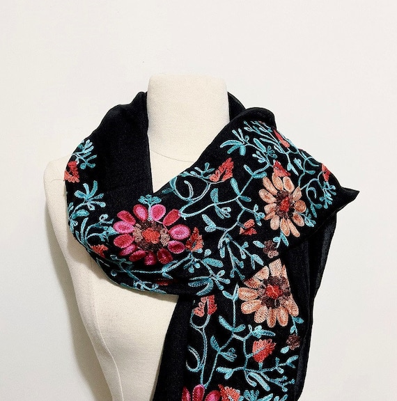 Embroidery Scarf Aqua Blue Scarf Floral Scarf Embroidered Scarf